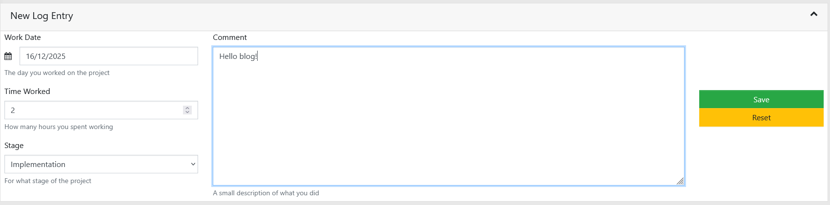 New log entry on desktop